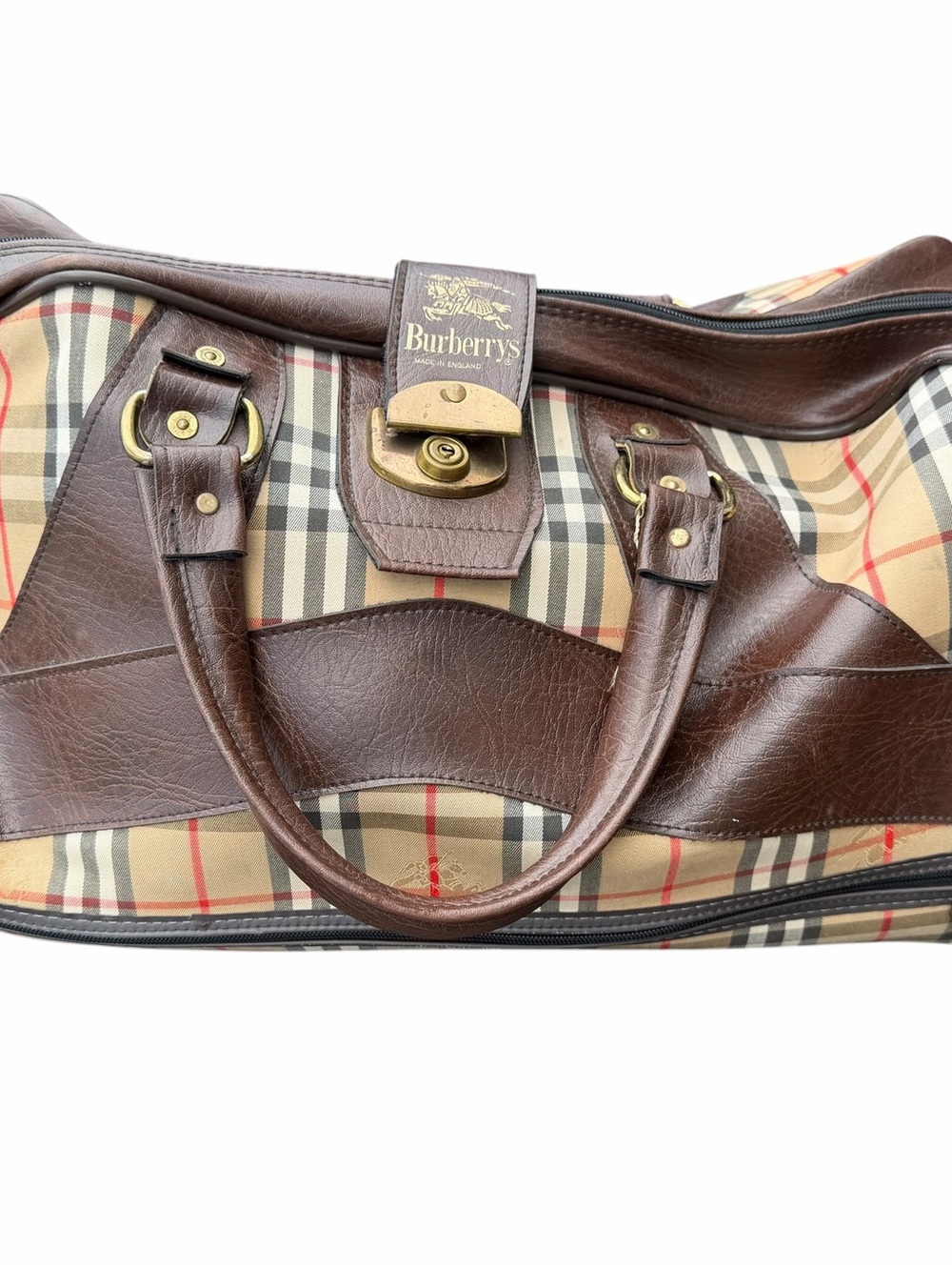 Burberry Tan Plaid Canvas Travel Duffle with Brown Leather Trim